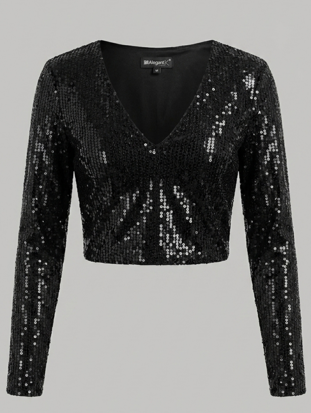 Allegra K Black Sequin V-Neck Crop Top